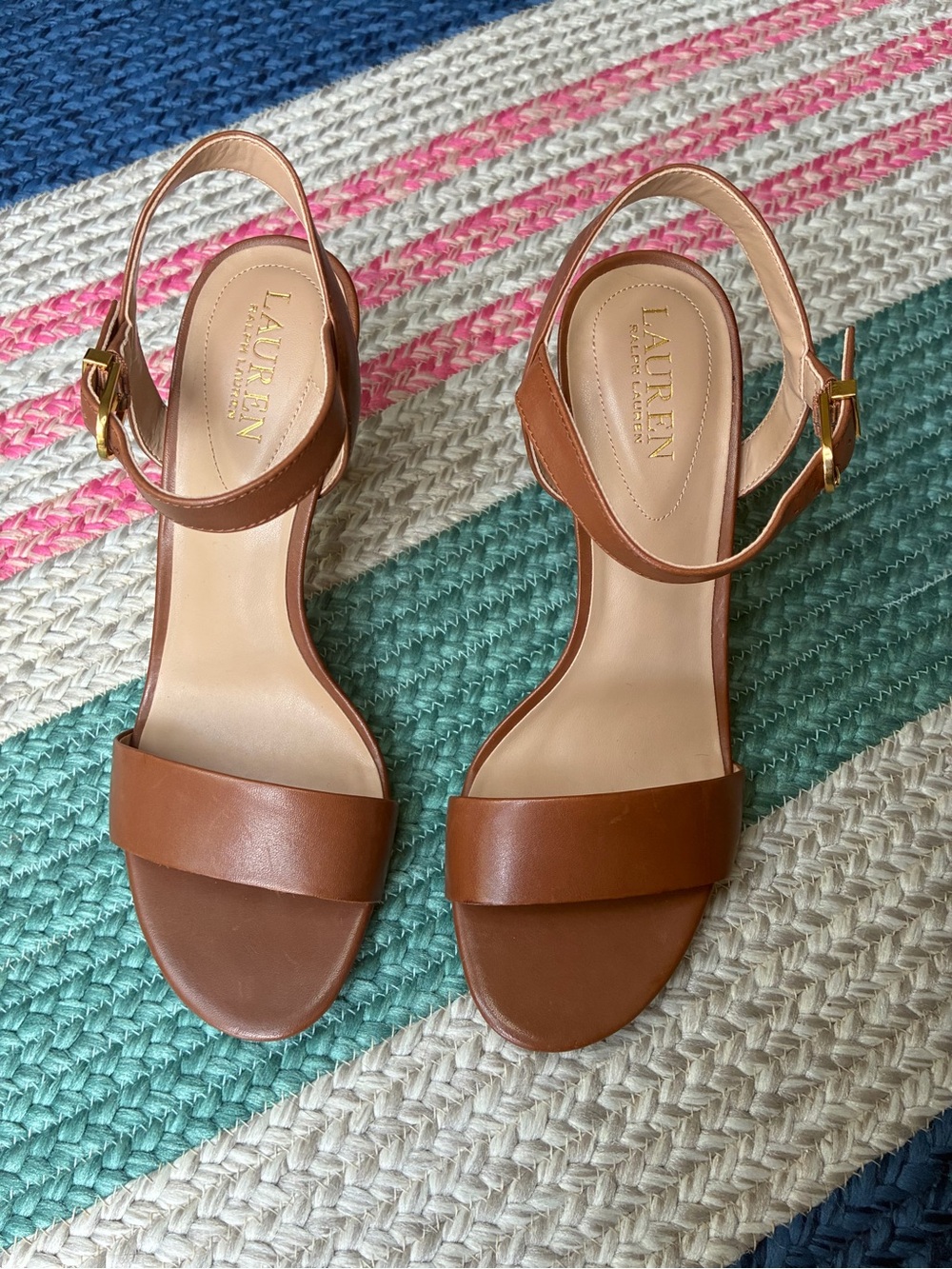 Lauren Ralph Lauren Tan Leather Ankle Strap Stiletto Heels Sandals 9.5B - Picture 2 of 4
